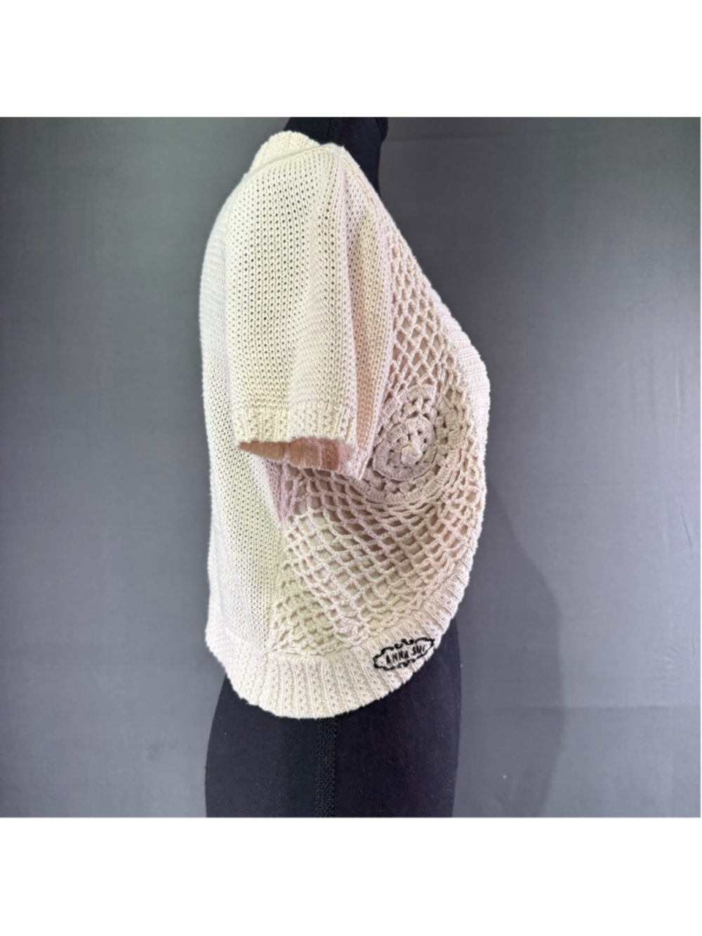 Anna Sui Cardigan Womens S Crochet Boho Bolero Cottagecore Y2K Open Knit Ivory - Picture 5 of 13